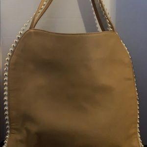 Large Big Buddha gold beaded (in cream colored lining) tan and coral handbag